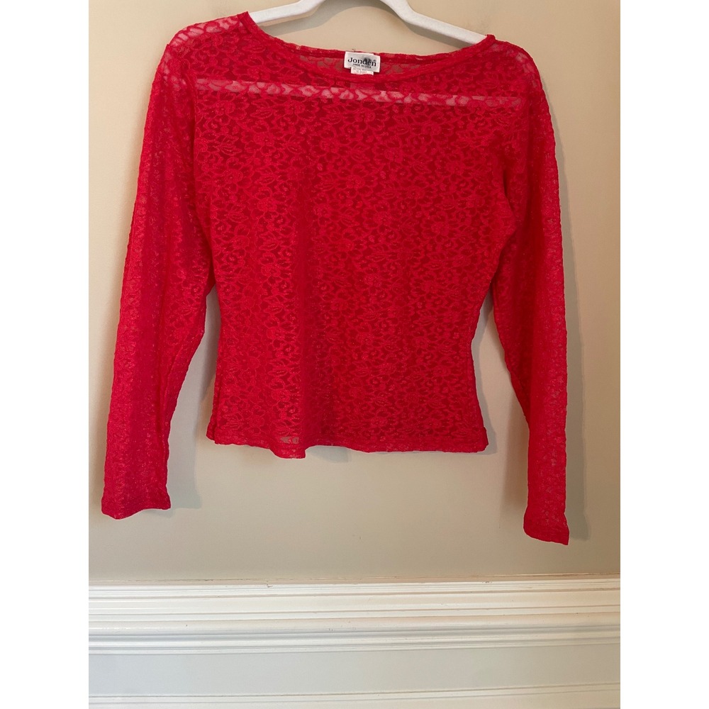 Jonden Vtg 90s Y2K Red Sheer Lace Long Sleeve Top Made USA Vamp Whimsigoth